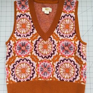 Maeve V-Neck Sweater Vest - Orange and Pink Floral